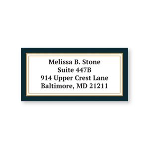 A rectangular personalized address label featuring a sophisticated double border in gold and deep black with custom text centered.