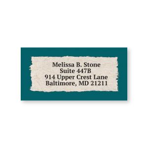 A rectangular personalized address label showcasing a textured, cream-colored torn paper design set against a solid dark teal background.