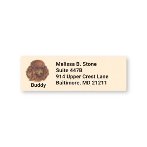 Rectangular address label featuring a brown Poodle dog portrait illustration beside customizable return name and address text.