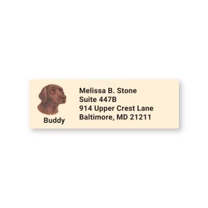 Personalized address label featuring a Chocolate Labrador portrait illustration, pet name 'Buddy', and four lines of custom return address text.