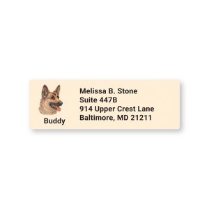 Personalized rectangular return address label featuring a detailed German Shepherd dog portrait on the left and custom multi-line text.