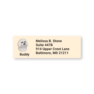 Single personalized Bichon Frise return address label featuring a fluffy white dog illustration alongside custom contact details.