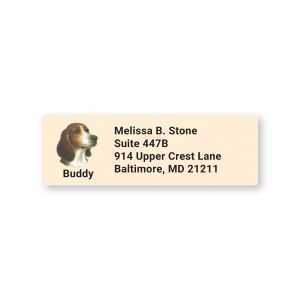 Beagle Pet Breed personalized return address label featuring a small beagle portrait, custom pet name, and sender address details.