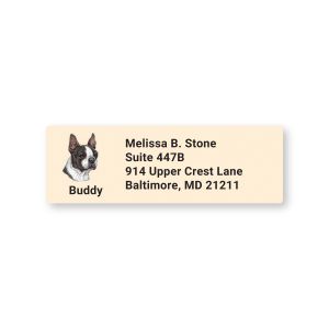 Personalized sheeted address label featuring a Boston Terrier portrait, pet name Buddy, and sample name with address.