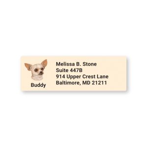 Single personalized Chihuahua address label featuring a cute dog illustration alongside custom return contact details.