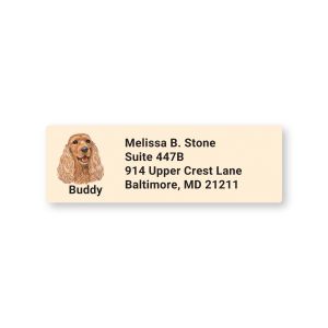Rectangular address label featuring a golden Cocker Spaniel portrait illustration beside customizable return name and address text.