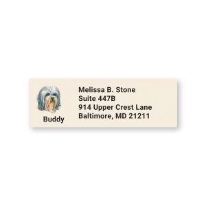 Rectangular Shih Tzu address label featuring a detailed portrait drawing of a fluffy dog beside custom contact text on a cream background.
