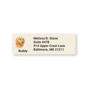 Cream personalized return address label featuring an illustration of a Golden Retriever dog, custom text lines, and a pet name.