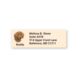 Rectangular address label featuring a Dachshund pet portrait illustration beside customizable return name and address text.