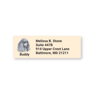 Rectangular address label featuring a white Poodle dog portrait illustration beside customizable return name and address text.