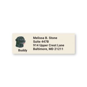 A close-up of a rectangular address label featuring an illustration of a black labrador retriever puppy next to clean, personalized text.