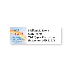 A close-up of a rectangular return address label featuring a pastel rainbow design, an inspirational scripture quote, and personalized text.