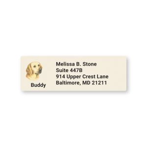 Personalized address label featuring a Yellow Labrador portrait illustration, pet name 'Buddy', and four lines of custom return address text.