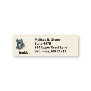 Rectangular Schnauzer address label featuring a portrait drawing of a grey Schnauzer dog with custom contact info on a cream background.