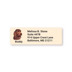 Rectangular address label featuring an Irish Setter portrait graphic beside customizable return name and address text.
