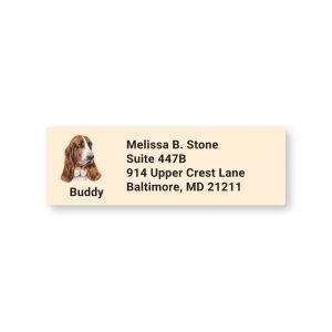 Rectangular Basset Hound address label with a portrait illustration of a tri-color dog labeled Buddy alongside customizable address text.