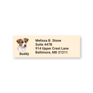 Jack Russell Terrier address label featuring a dog illustration labeled Buddy alongside personalized four-line address text on cream background.