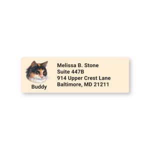 Rectangular address label featuring a Calico cat portrait illustration beside customizable return name and address text.