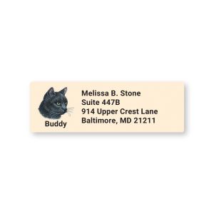 Single personalized address label featuring an illustration of a black cat alongside custom name and return address text.