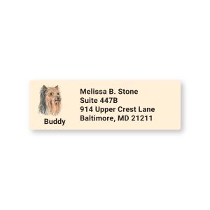 Personalized rectangular return address label featuring a small Yorkshire Terrier dog portrait on the left alongside four lines of custom text.