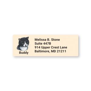 A close-up of a rectangular address label featuring a black and white cat illustration with the name 