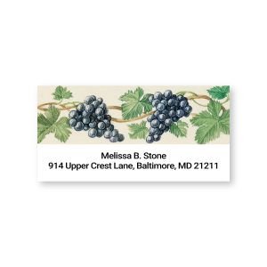 Rectangular address label featuring a grapevine illustration along the top header above two lines of personalized name and address text.