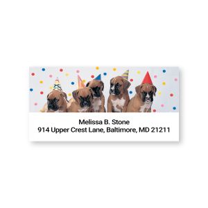 Single personalized Party Pups address label featuring boxer dogs wearing festive party hats above custom return address text.