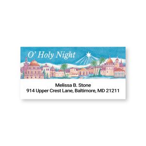 Personalized Christmas address label featuring a nativity illustration of Bethlehem under a star with 'O' Holy Night' text above custom name and address.