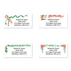 Rectangular traditional holiday address labels showing four festive designs including candy canes, Santa Claus, holly, and poinsettias.