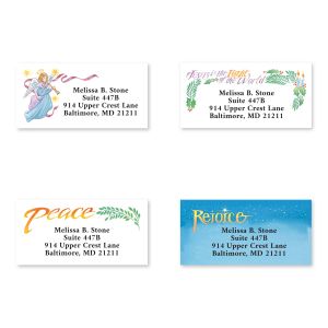 Personalized Religious Holiday address label assortment featuring four seasonal designs including an angel, pine branch, Peace, and Rejoice.