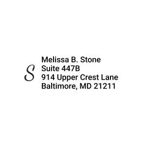 A digital preview of the custom address stamp design featuring a large, elegant initial letter next to clean, personalized text blocks.