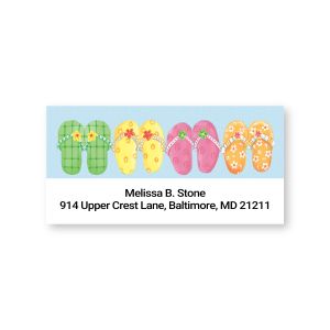 Four pairs of colorful flip flops in green, yellow, pink, and orange displayed above sample customized return address text.