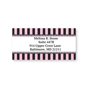 A close-up of a return address label featuring a chic black and pink vertical stripe border with custom, personalized text fields.