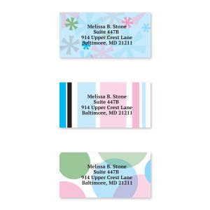 Personalized retro address label featuring mid-century starburst, stripes and circle graphics in pink, green, and blue.