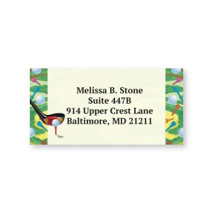 Close-up view of a personalized Golf sheeted return address label featuring golf clubs, balls, and tees on the decorative borders.