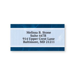 A rectangular personalized address label featuring a bold navy blue striped border at the top and bottom with a subtle marbling effect.