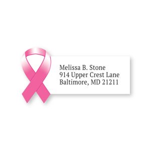 A close-up of a return address label featuring a large, vibrant pink breast cancer awareness ribbon next to clean, personalized text fields.