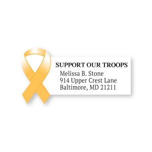 Die-cut address label featuring a yellow support ribbon icon on the left with black text reading Support Our Troops above custom address lines.