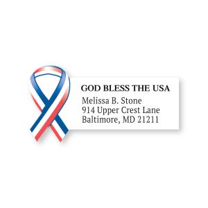 Single die-cut address label featuring a red, white, and blue patriotic ribbon alongside customized God Bless The USA address text.