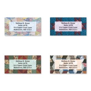 Four personalized return address labels showcasing different rustic patchwork quilt patterns, including floral, plaid, and geometric prints.