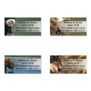 A grid of four personalized address labels featuring beautiful illustrations of a bald eagle, a bear, a moose, and a wolf next to custom text.