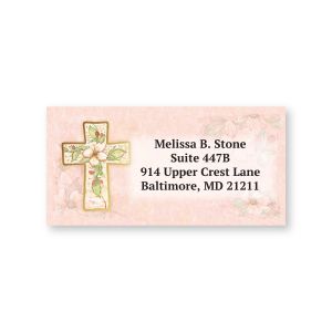 A rectangular personalized address label featuring a beautiful pastel floral pattern with an elegant golden cross on the left and custom text.