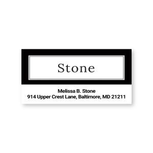 A personalized sheeted return address label featuring a bold black and white double-border design with elegant, clean custom typography.