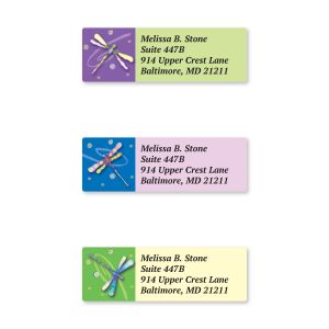 Three stacked return address labels featuring colorful dragonflies against purple, blue, and green accents with personalized name and address text.