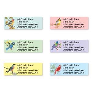 Six colorful sheeted address labels featuring illustrated birds, including a cardinal and goldfinch, with customizable return address text.