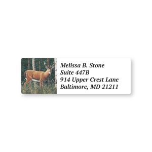 Personalized return address label featuring a white-tailed deer buck in a forest setting alongside custom printed multi-line name and address text.