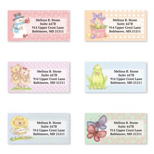 Six colorful seasonal address labels displaying holiday graphics like a snowman, easter eggs, teddy bear, frog, lion, and butterfly.