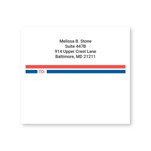 Single personalized shipping label featuring a red and blue stripe accent with return address text centered above the TO section.