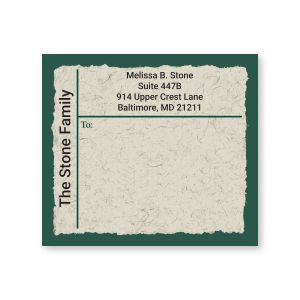 A close-up of a rustic, textured paper shipping label with a forest green border, custom sender details, and space for a recipient.