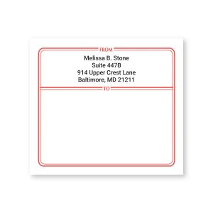 A rectangular shipping label showcasing a red border, a custom return address layout at the top, and a large, blank writing space.